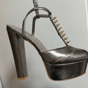Nasty Gal Silver Platform Heels with Gold Spikes